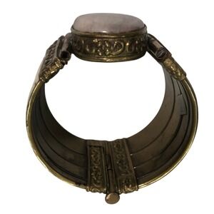 Vintage India Brass Bone Mosaic Cuff Bracelet Pink Stone Cabochon Boho Hinged